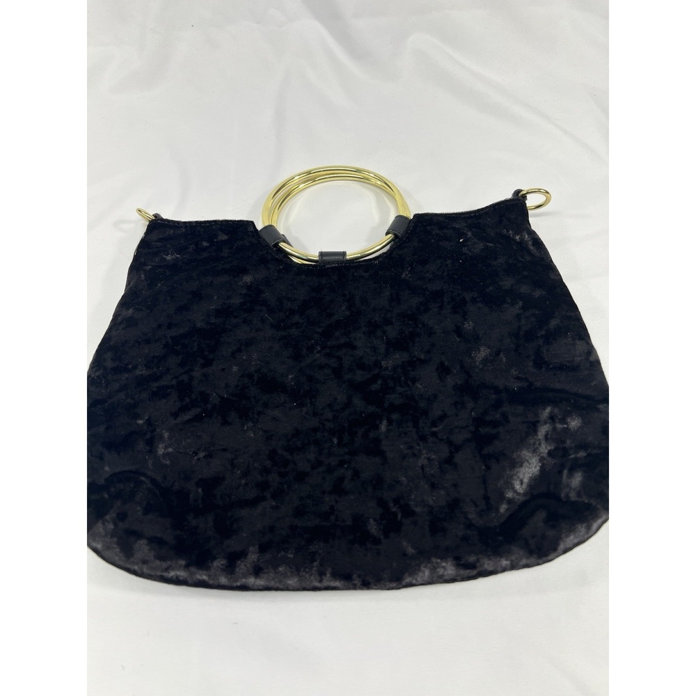Black Velvet Quilted Handbag Purse With Faux Pearls With Gold Spring Handles - Picture 3 of 7